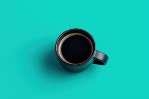 Black coffee in ceramic mug viewed from above on vibrant turquoise background in bold minimal style for morning energy beverage or branding design photo