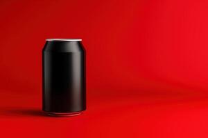 Black soda can mockup on vibrant red background with minimal lighting for drink branding packaging or advertising design presentations photo