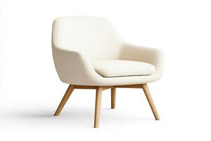 Beige modern armchair with curved backrest and wooden legs in minimal product style isolated on white background for home interior and decor use photo