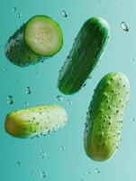 Fresh and Crisp Cucumbers Falling in Water Droplets Against a Soft Green Background, Perfect for Healthy Eating and Culinary Themes photo