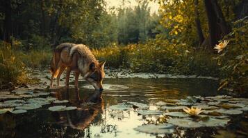 A Wild Coyote Drinking Water in a Serene Forest Setting Surrounded by Lush Vegetation and Water Lilies at Sunrise photo