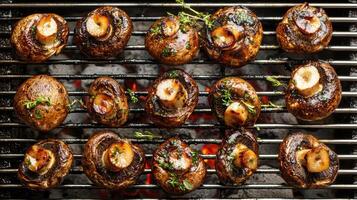 Grilled Mushrooms with Thyme and Garlic on a Barbecue Grill, Close-Up View of Delicious and Savory Charred Fungi, Perfect for Gourmet Cooking and Outdoor Dining photo