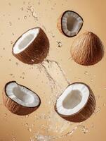 Exploding Coconuts in Water Splash with Rich Brown Shells and White Flesh Set Against a Warm Gold Background for Fresh Food and Culinary Creativity photo