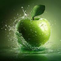 Fresh Green Apple with Splashing Water, Isolated on Green Background, Symbolizing Health, Vitality, and Nature's Freshness in Culinary and Lifestyle Imagery photo