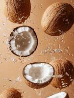Splashing Brown Coconuts Captured in High Detail with Water Droplets Glimmering Off the Surfaces Against a Warm Golden Background photo