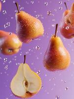 Fresh and Juicy Pears with Water Droplets on a Purple Background, Showcasing Their Natural Texture and Bright Color for Culinary and Health Themes photo