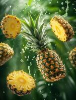 Fresh Pineapple Splashes in Water, Showcasing Juicy Slices and Lush Green Background, Perfect for Tropical and Refreshing Food Imagery photo