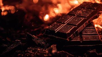 Dark chocolate bars resting on rustic wood amidst glowing embers, showcasing an inviting combination of sweetness and warmth, perfect for culinary inspiration. photo