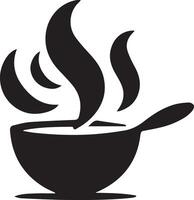 Silhouette of a bowl containing hot soup with visible steam rising above it. vector
