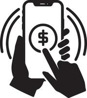 Silhouette of a smartphone held by a hand, with another hand poised to tap the screen. vector