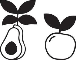 Avocado and apple icon. Black and white illustration of two stylized fruits. vector