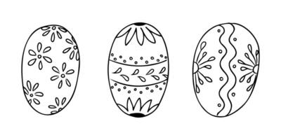 Set of three decorated Easter eggs with floral and abstract patterns in black outline. Symbol of holiday celebration, spring tradition and festive design vector