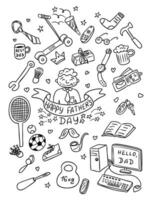 Hand drawn doodle set with various objects related to Fathers Day celebration and dads hobbies. Concept of appreciation, love, and fun lifestyle elements connected to fatherhood vector