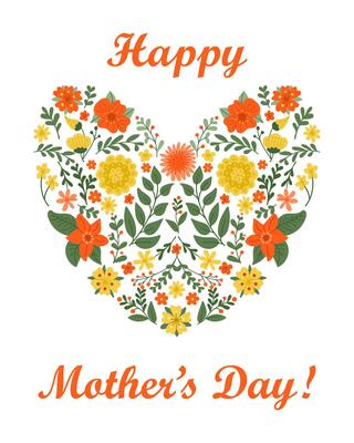 Floral heart-shaped design with text Happy Mothers Day on white background. Concept of love, gratitude and celebration of motherhood with floral elegance