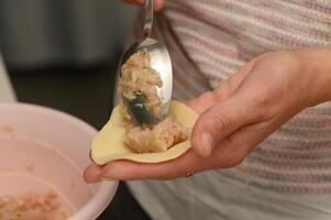 Crafting delicious dumplings with fresh ingredients in a cozy kitchen as a fun weekend activity photo