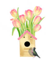 Pink tulip with leaves in a paper package that looks like a birdhouse, starling nearby. Hand drawn spring first blooming in a garden flower illustration, good for print, poster, card or banner. png