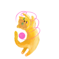 Cute ginger hand drawn fluffy kitty is playing with ball of knitting thread on transparent background. Pets party concept. Can be used for invitation, card, poster, sticker, social net story and post. png