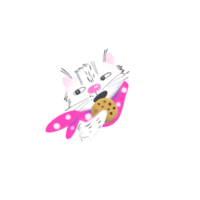 Funny hand drawn fluffy white kitty is holding a chocolate drops cookie in paws, hungry cat on transparent background. Can be used for invitation, card, poster, sticker, social net story and post. png