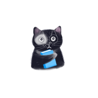 Cute black hand drawn fluffy kitty is holding a book in paws, sad or studying mood cat on transparent background. Can be used for invitation, card, poster, sticker, social net story and post. png