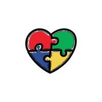 A vibrant illustration of a heart shape autism heart composed of four colorful puzzle pieces, symbolizing unity, diversity, and emotional connection. vector