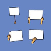 Four cartoon hands with blank signs, ideal for protest, promotion, or customization on a blue background. vector