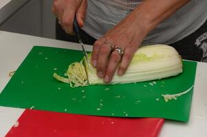 Mastering the art of chopping vegetables during a vibrant culinary session in a home kitchen photo