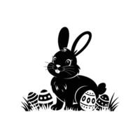 Black and White Easter Bunny with Decorated Eggs in Grass Illustration vector
