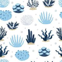 Corals of different shapes seamless pattern. for printing on fabric, packaging, paper. Blue colors on a white background. vector
