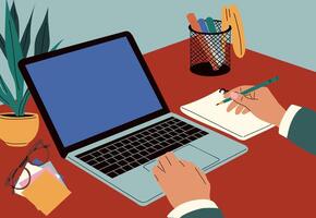 Hands work at laptop, Using computer at desk vector