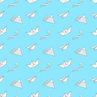 Seamless patterns with linear icons and elements related to travel and leisure. In the origami style. vector