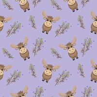 Seamless moose pattern and blueberry bushes. vector