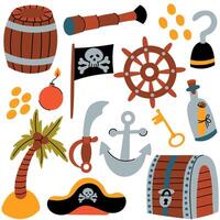 Pirate adventure icon set for kids. Colorful cartoon-style pirate themed icons including treasure, weapons, maps, flags, and nautical elements for playful design use. vector