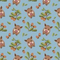 Seamless pattern with wild boars and acorns. Background with wild pigs, oak branches and leaves, acorns. vector