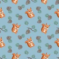 Seamless pattern with a cute squirrel and branches with pine nuts. vector