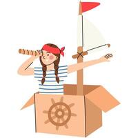 Child playing pirate in cardboard ship. Girl pretending to be a pirate in a cardboard box ship, using a telescope and red bandana. vector