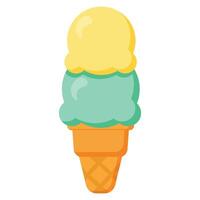 Two-scoop ice cream cone with yellow and mint flavors, ideal for summer, dessert menus, packaging, or food-related visual content vector