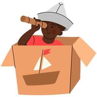 A dark skin child playing pirate in cardboard box ship. Boy wearing a paper hat and using a telescope while pretending to be a pirate in a cardboard box ship. vector