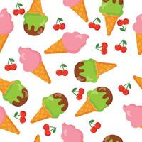 Colorful seamless pattern with cherry ice cream cones, chocolate topping, and cherries on white background for summer packaging and fabric designs vector