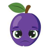 Purple plum with sad expression and leaf, ideal for emotional design, fruit themes, healthy lifestyle content vector