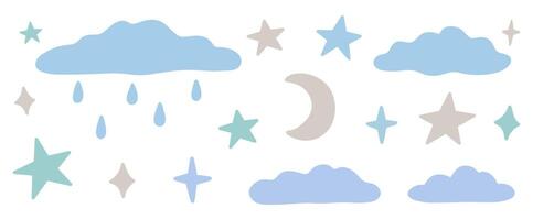 A set of elements of nature - clouds, stars, a crescent moon isolated on a white background. hand-drawn illustration in a flat style. Perfect for decorations, logo, various designs. vector