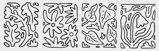 A set of compositions with linear natural elements. Organic, abstract patterns on a light gray background. Curved and irregular shapes resembling plant-like forms. hand-drawn illustration. vector