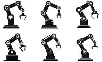 Set of black robotic arm silhouettes with gripper hands, isolated on white background vector