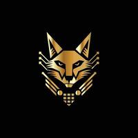 a golden fox head on a black background . Technology Monogram design template. vector