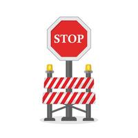 Stop sign with barricade and traffic cones on white background vector