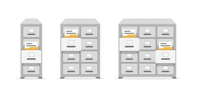 Three filing cabinets with files on top vector
