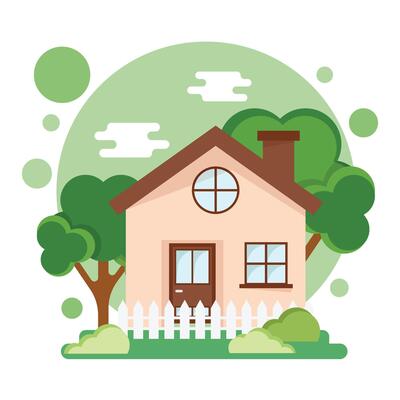 House with trees and fence on a white background
