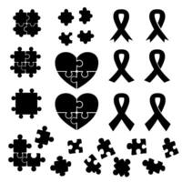 Autism Heart Puzzle Bundle Set in Black Silhouette. Puzzle in black. Puzzle Heart Shape in Black. vector