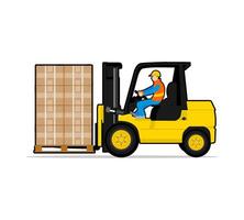 side view of forklift with driver and pile of boxes vector