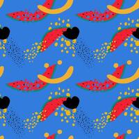 Seamless summer doodle pattern with hand-drawn watermelon, smiley faces, and abstract shapes on blue background. Fun, colorful and childish design vector