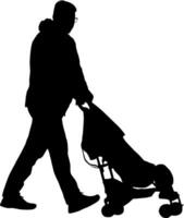 A man walking with a child in a stroller, silhouetted against a white background. vector